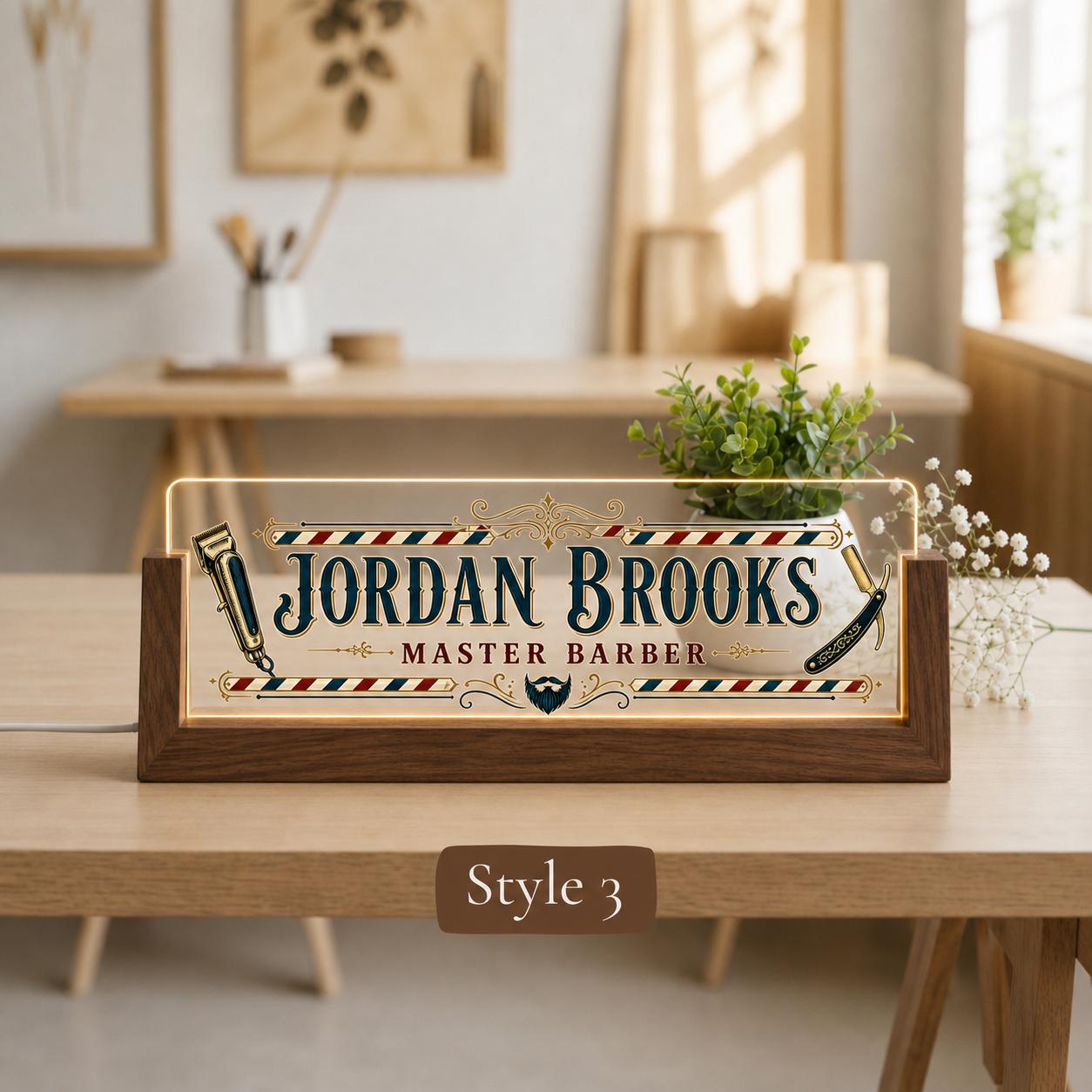 Personalized Barber LED Nameplate, Custom Barbershop Desk Sign, Barber Shop Owner Gift