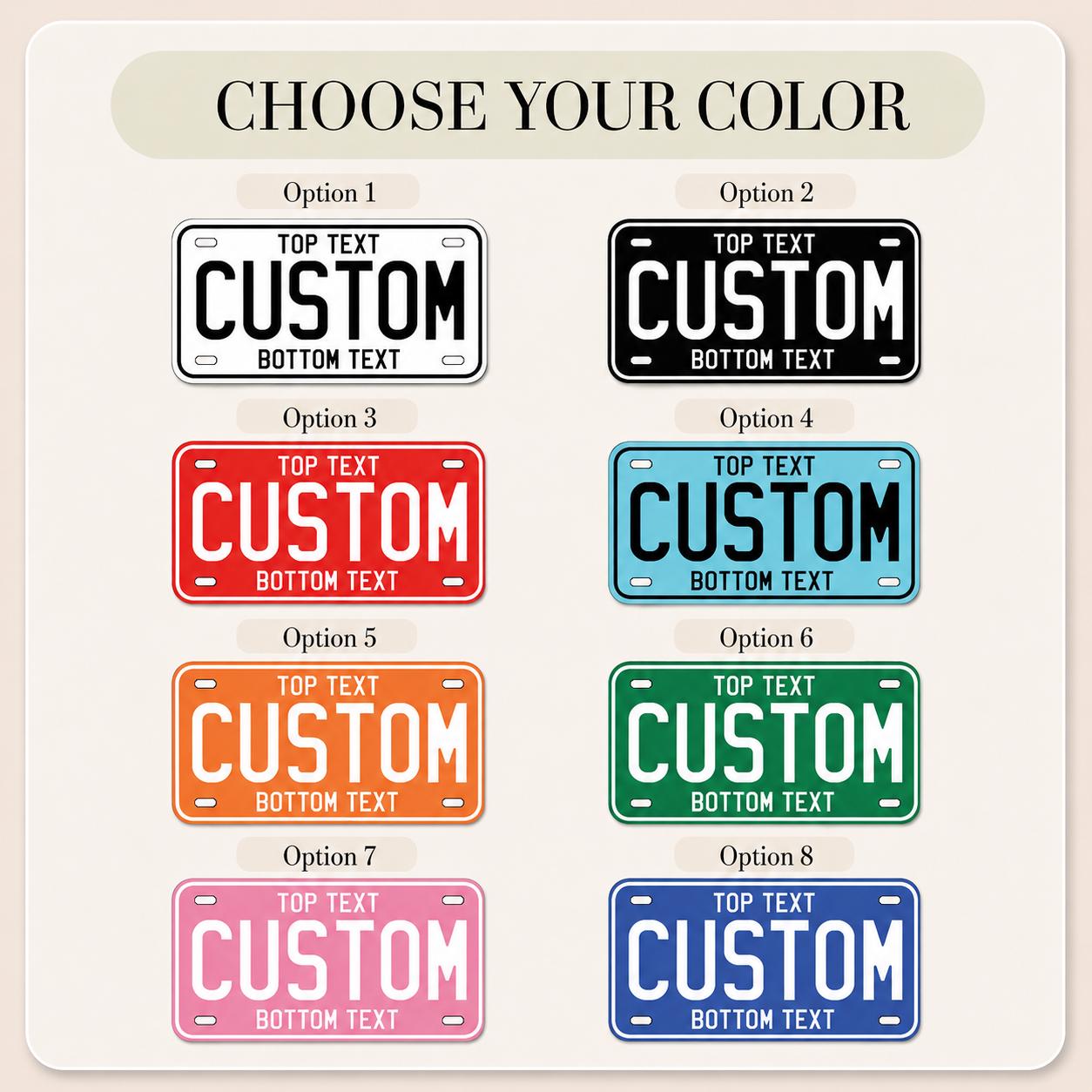 Eight plate color options for a custom aluminum license plate