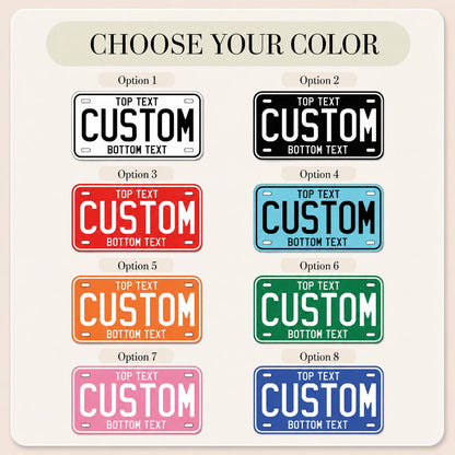 Eight plate color options for a custom aluminum license plate