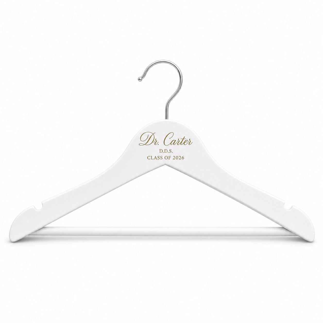 White dentist coat hanger personalized with a name and class year