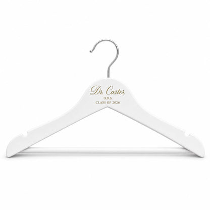 White dentist coat hanger personalized with a name and class year