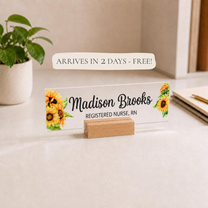 Personalized rn acrylic nameplate with shipping text to be cleaned before publishing