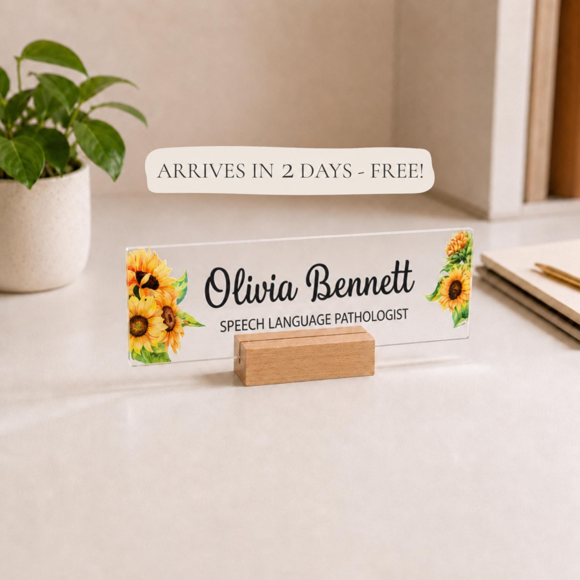 Personalized speech therapist acrylic nameplate with shipping text to be cleaned before publishing