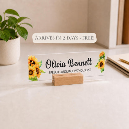 Personalized speech therapist acrylic nameplate with shipping text to be cleaned before publishing