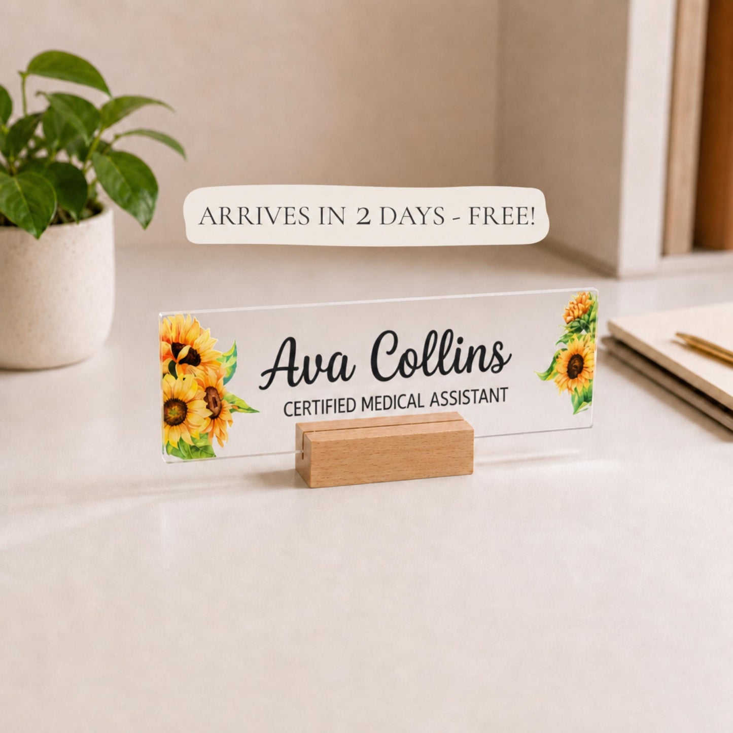 Personalized medical assistant acrylic nameplate with shipping text to be cleaned before publishing
