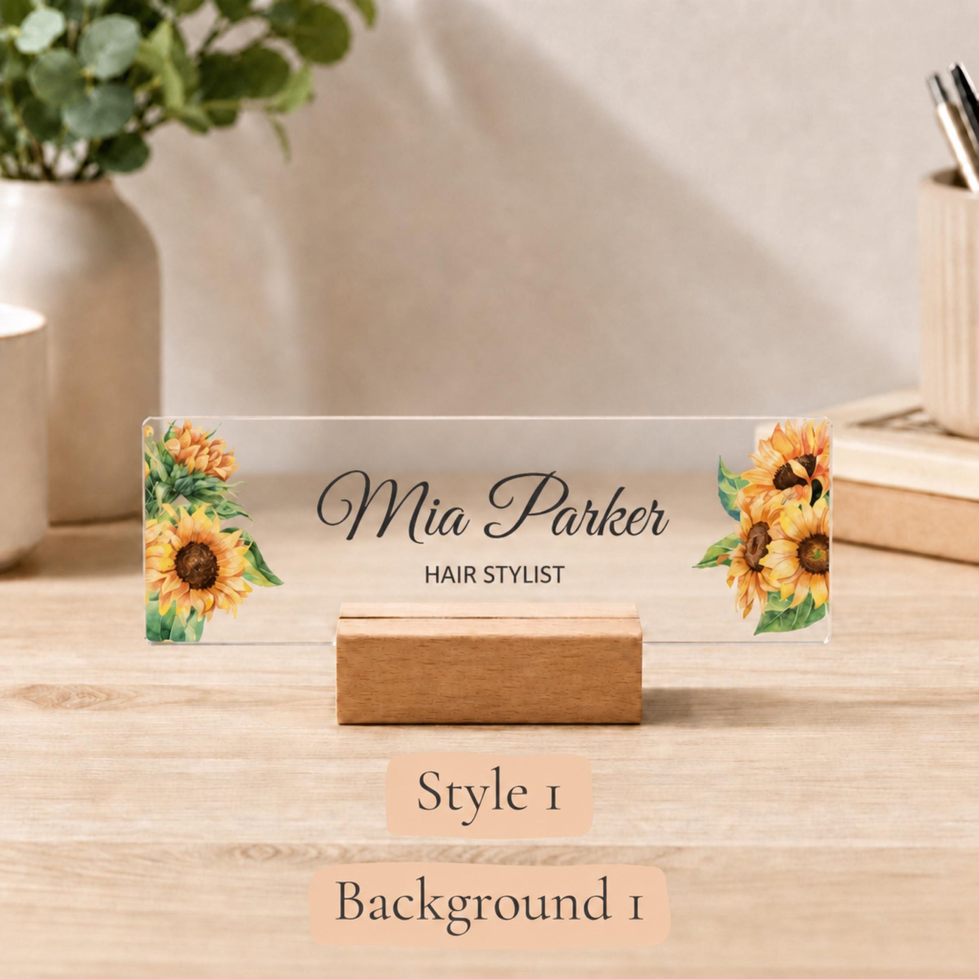 Personalized hair stylist acrylic nameplate design example