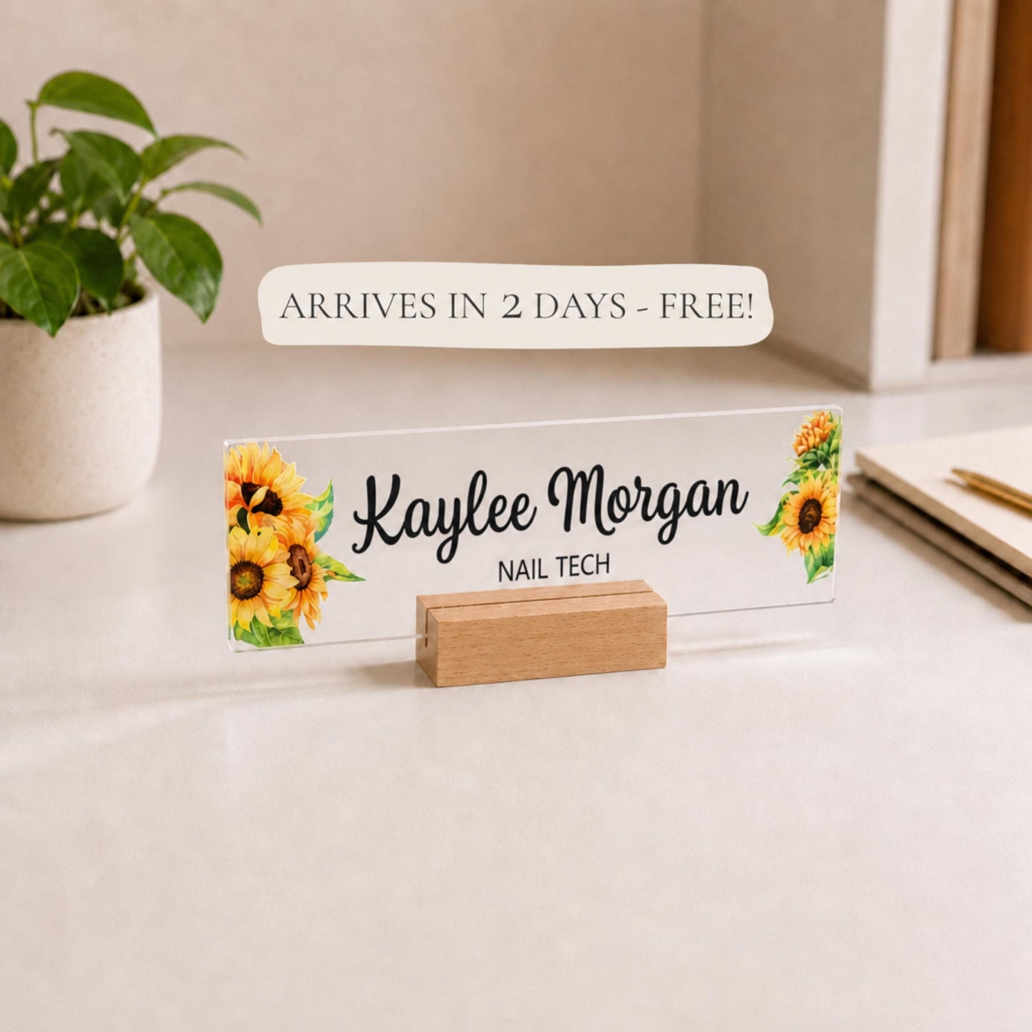 Personalized nail tech acrylic nameplate with shipping text to be cleaned before publishing