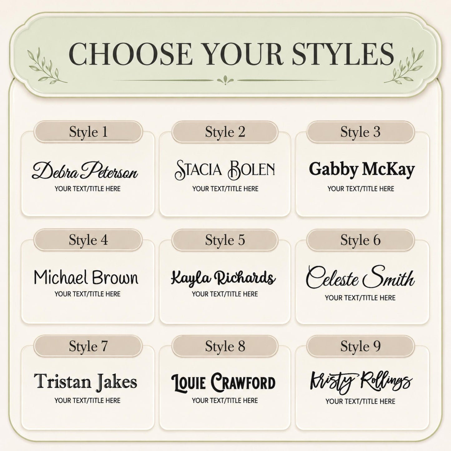 Nine typography styles for the therapist acrylic nameplate