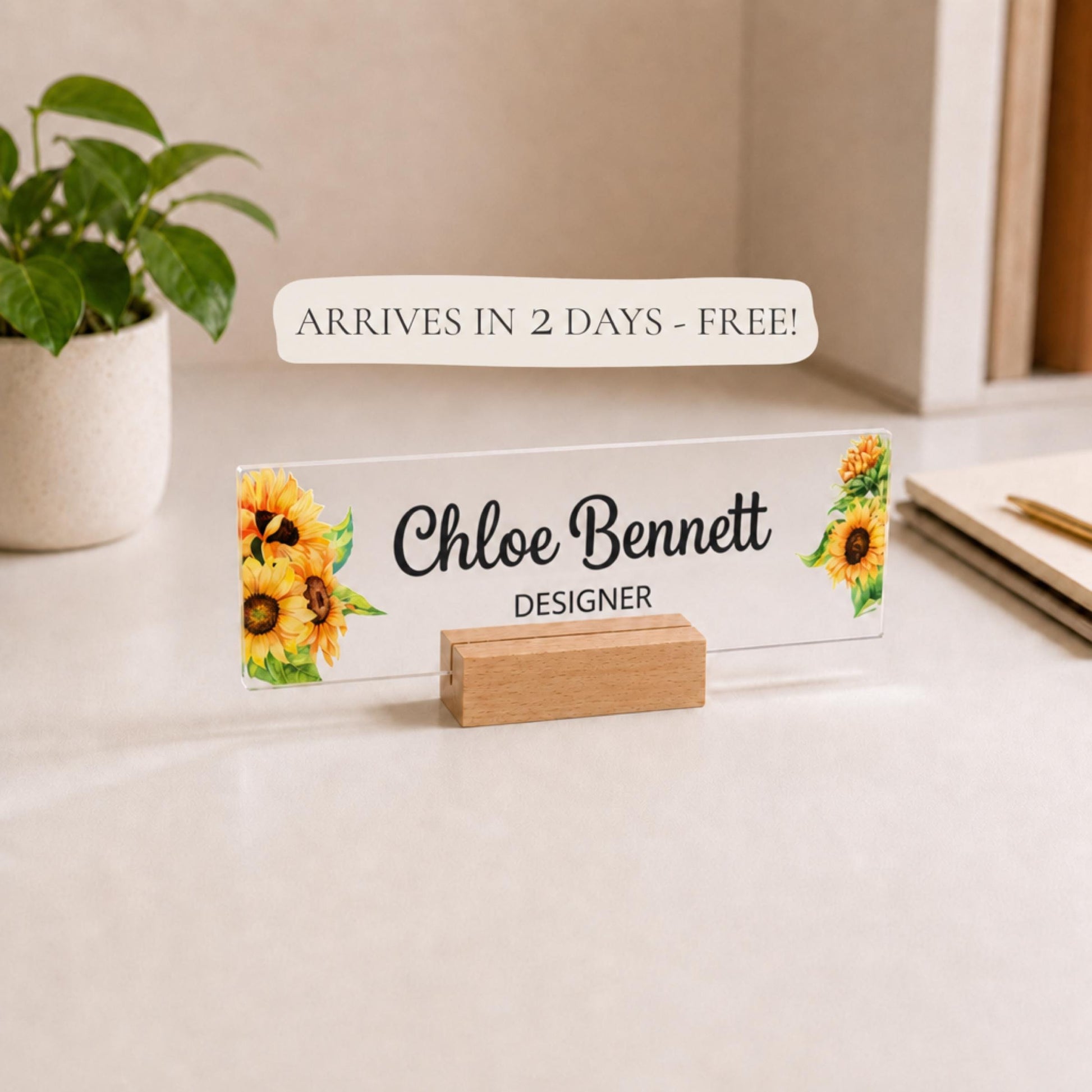 Personalized interior designer acrylic nameplate with shipping text to be cleaned before publishing