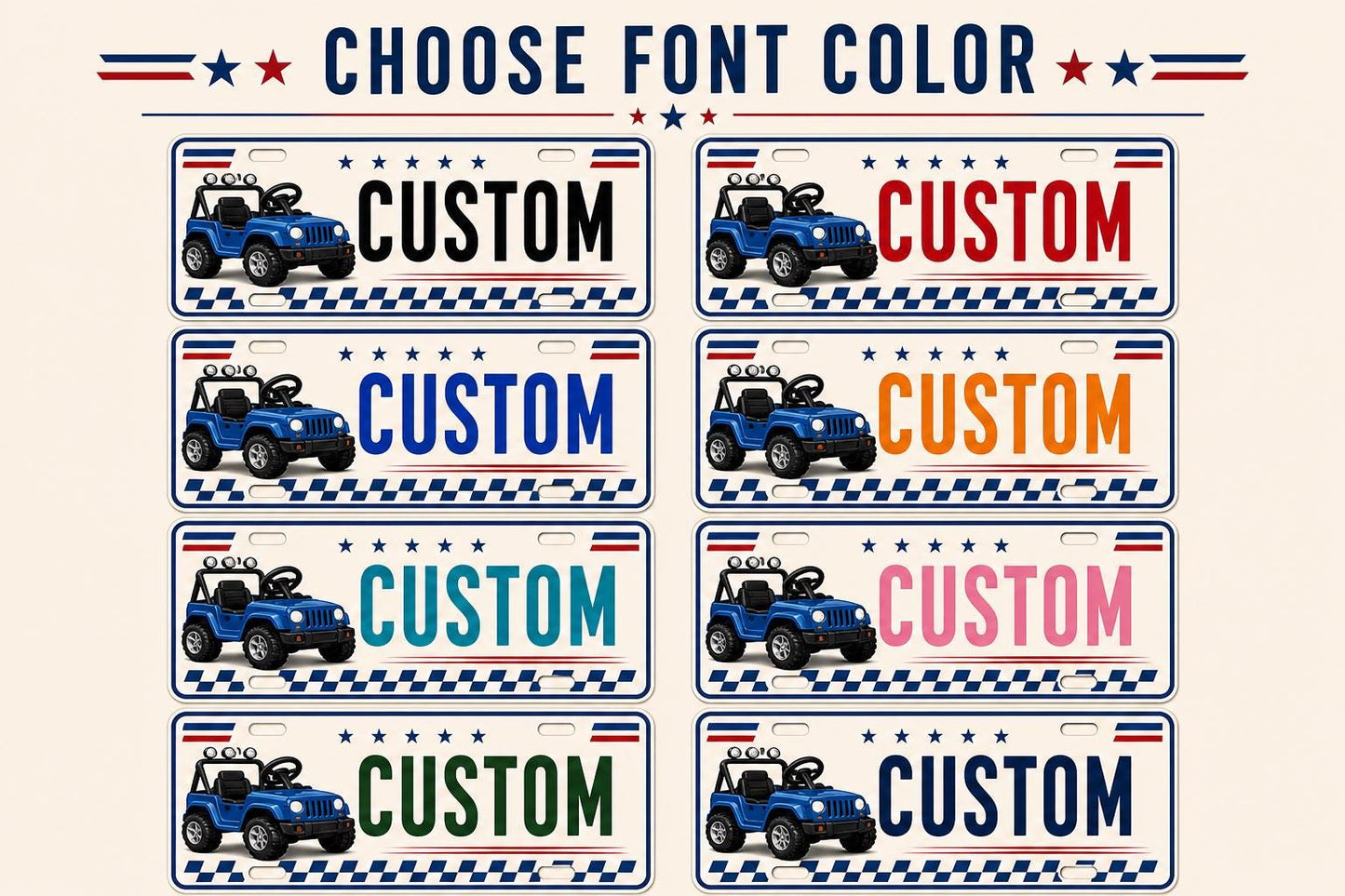 Eight text colors for a personalized kids ride-on license plate