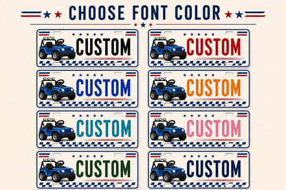 Eight text colors for a personalized kids ride-on license plate