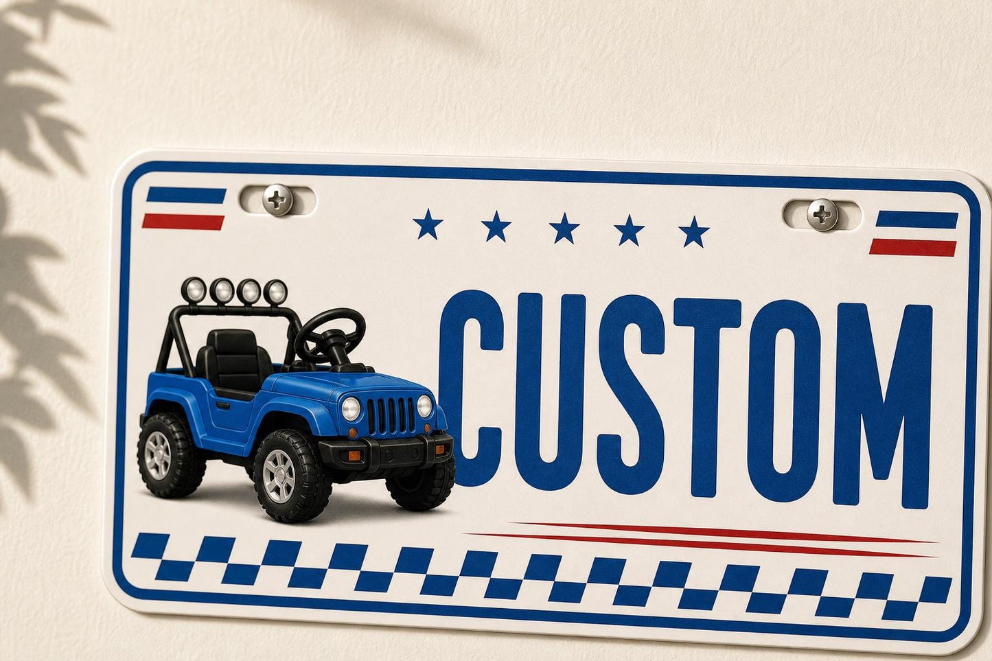 Personalized kids ride-on license plate displayed on a wall