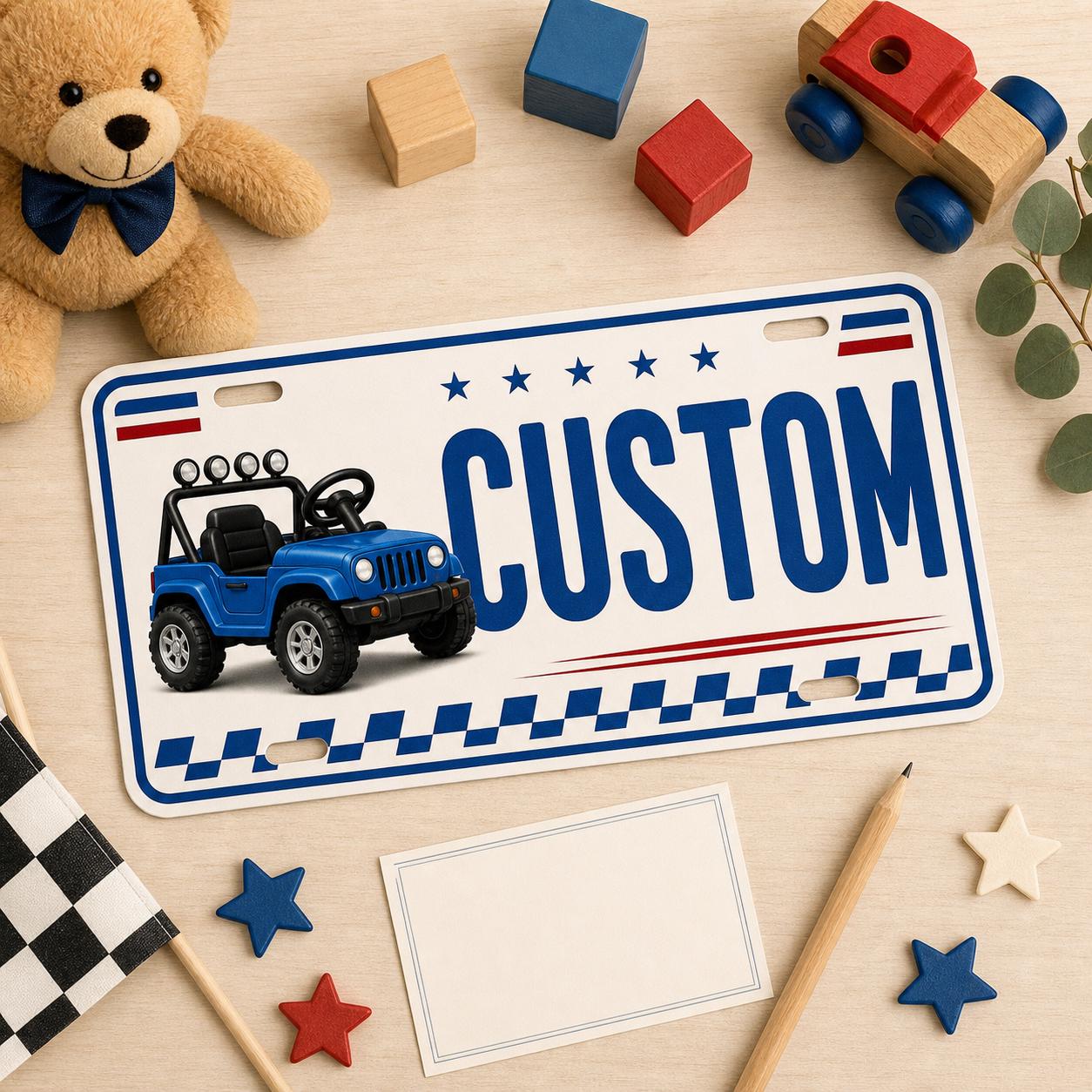 Personalized kids ride-on license plate with toys and racing decorations