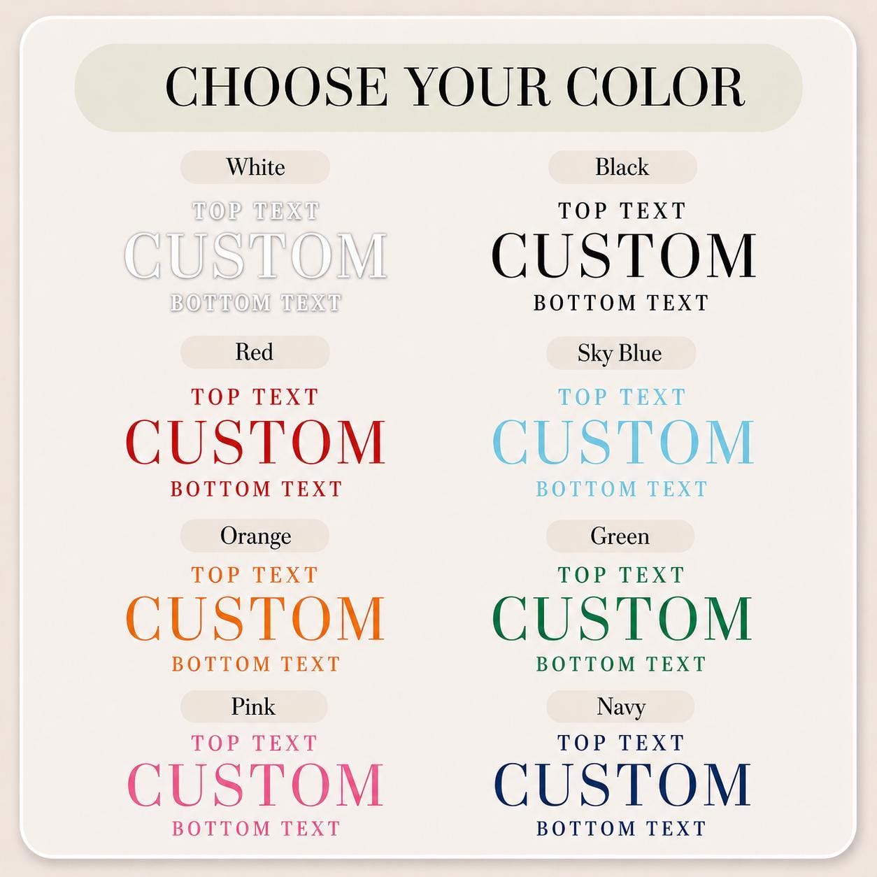 Eight text color options for a custom aluminum license plate