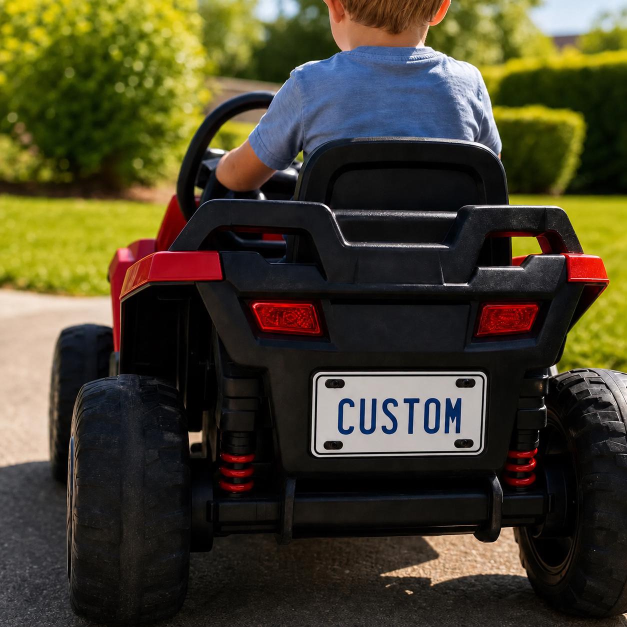 Personalized aluminum license plate on a child’s ride-on vehicle