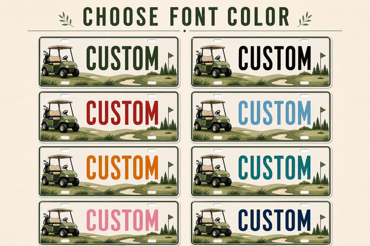 Eight text colors for a personalized golf cart license plate
