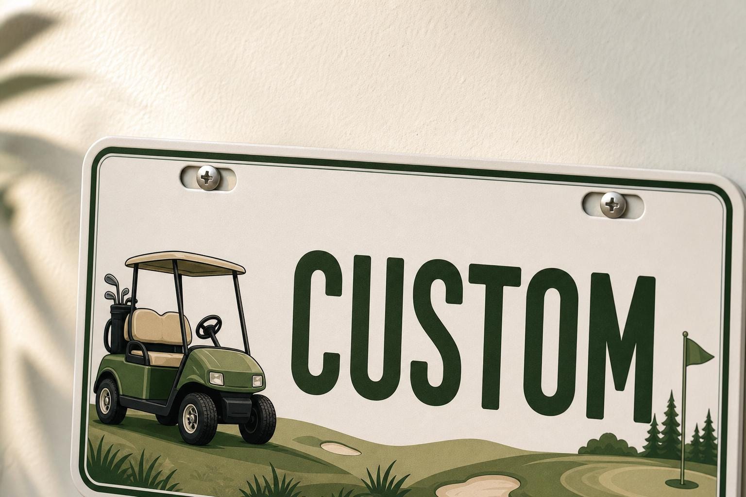 Personalized golf cart license plate mounted with screws