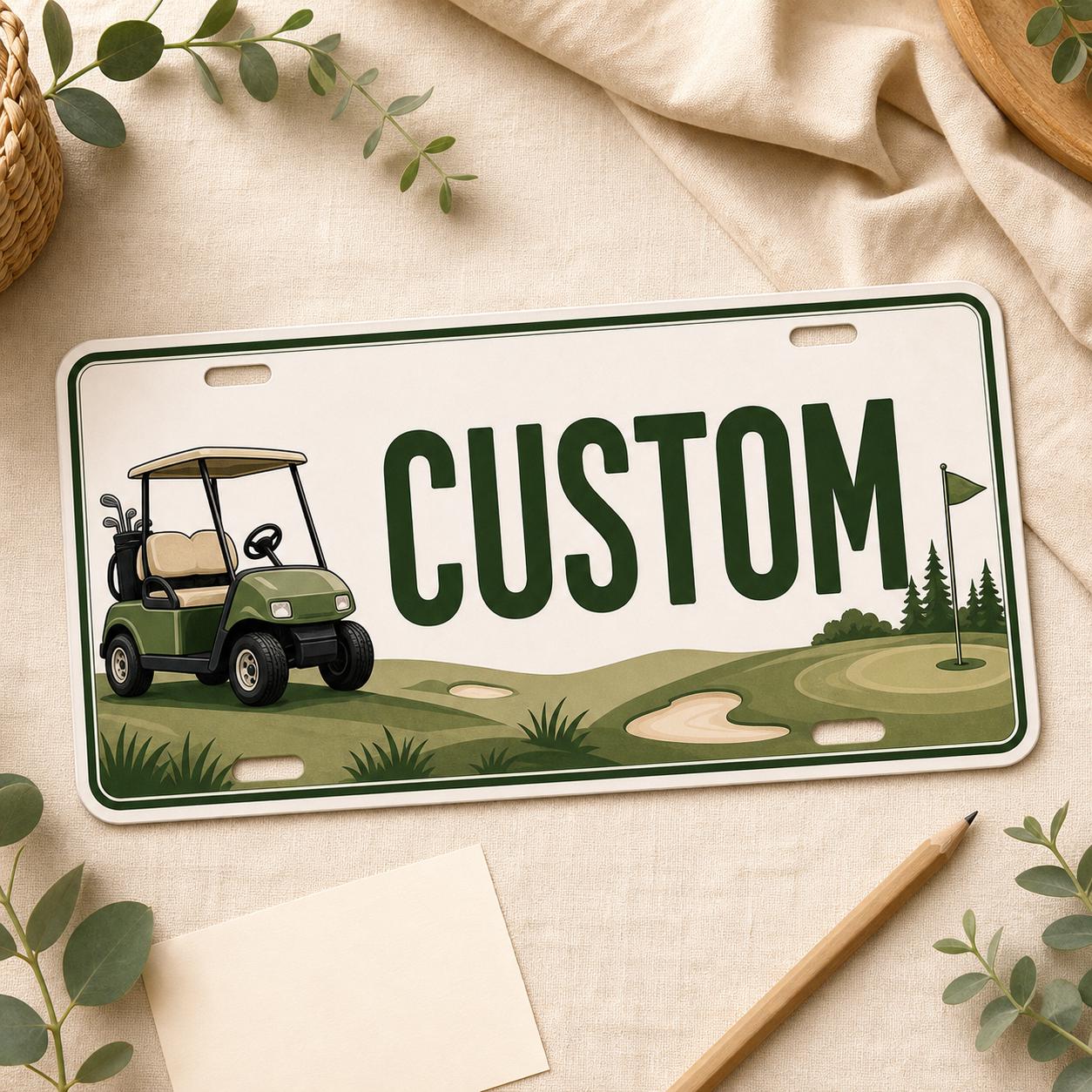 Personalized golf cart license plate displayed in a styled flat lay
