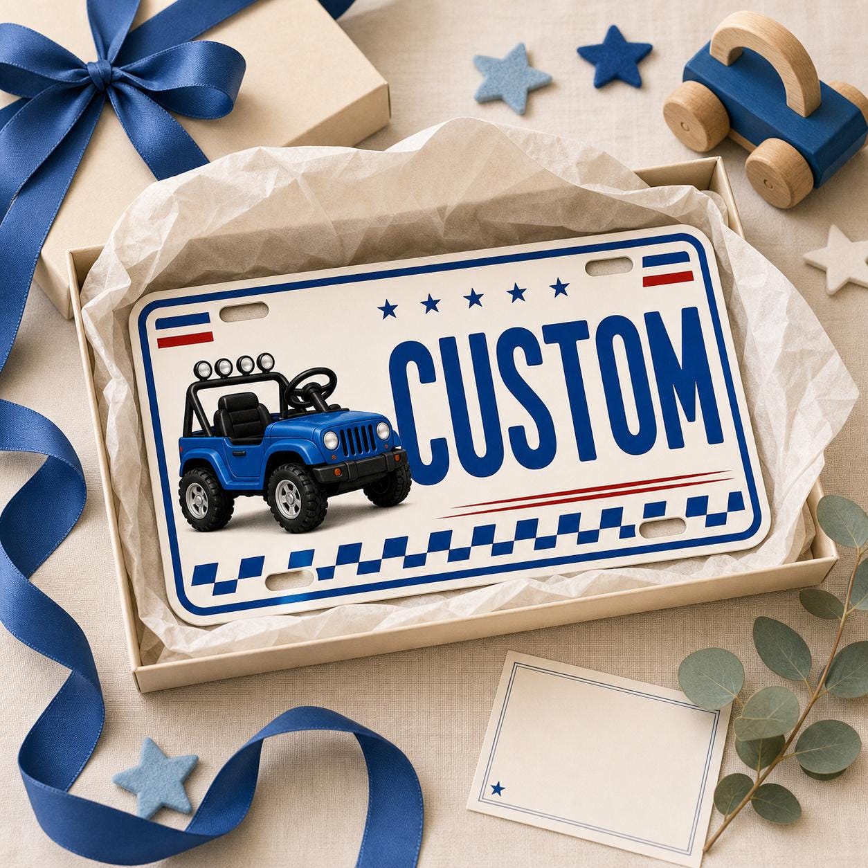 Personalized kids ride-on license plate presented as a gift