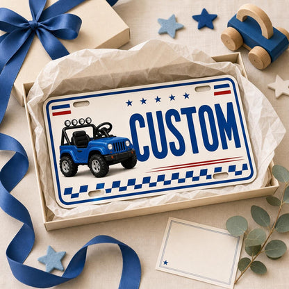 Personalized kids ride-on license plate presented as a gift