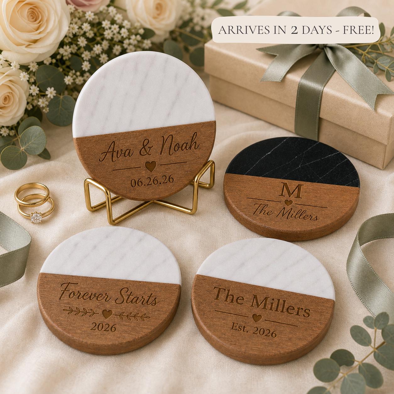 Wedding Marble & Wood Coasters