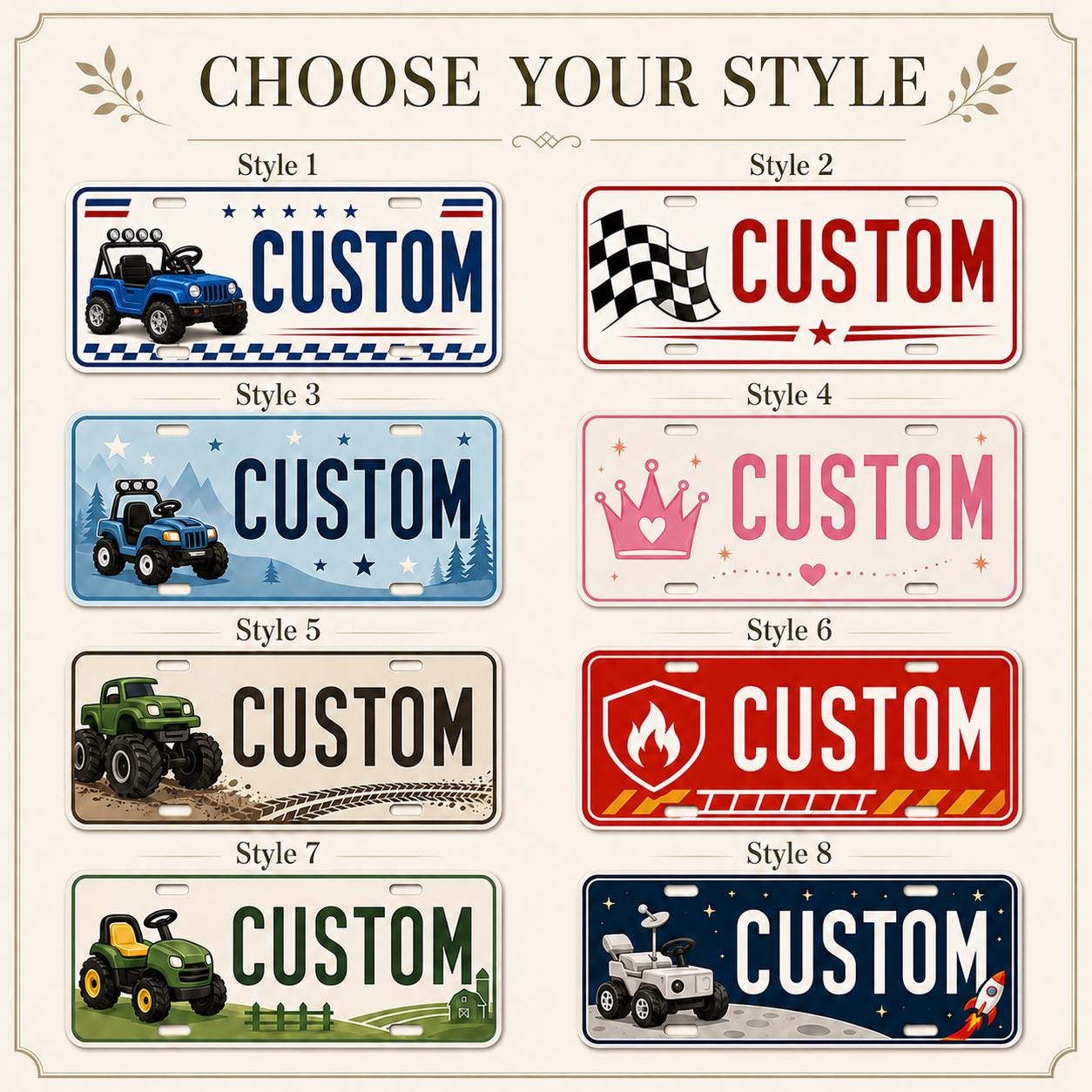 Eight design styles for personalized kids ride-on license plates