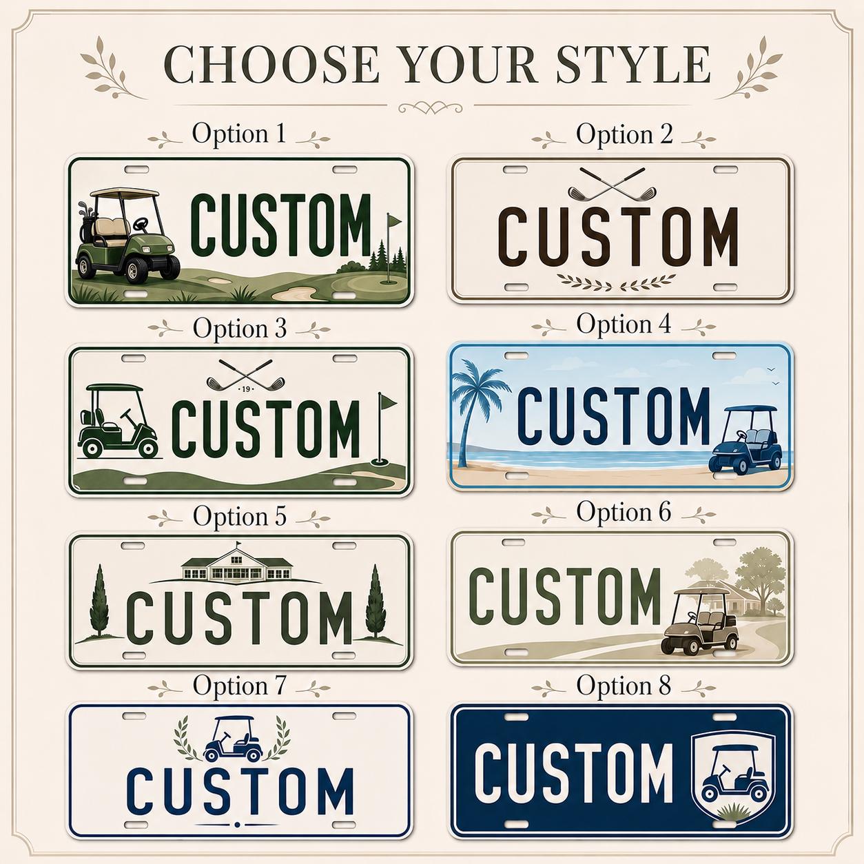 Eight design styles for personalized golf cart license plates