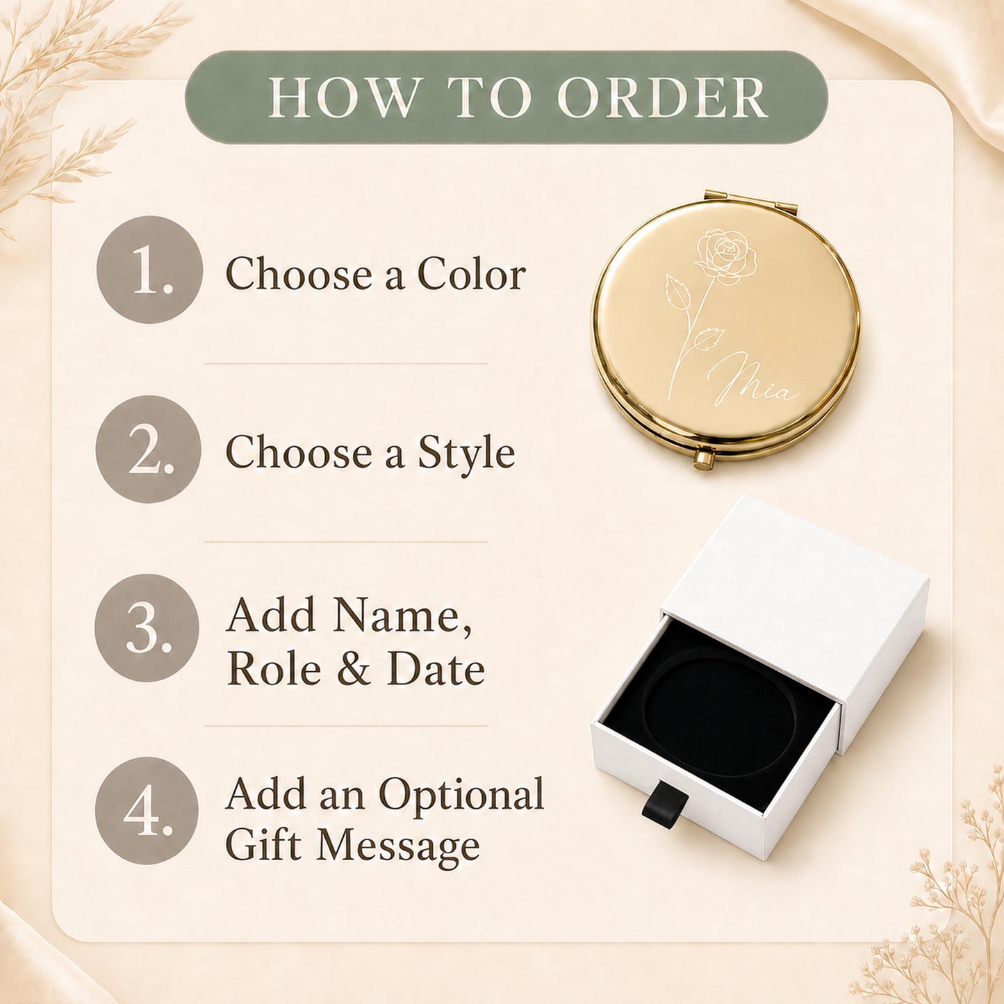 How to order personalized compact mirror guide with a white presentation box and black pull tab