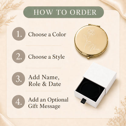 How to order personalized compact mirror guide with a white presentation box and black pull tab