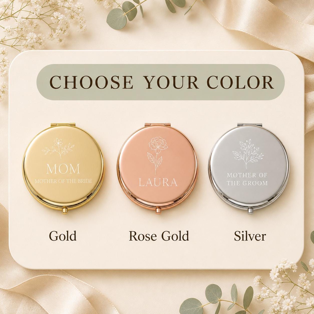 Choose gold rose gold or silver for a personalized Mother of the Bride or Groom pocket mirror