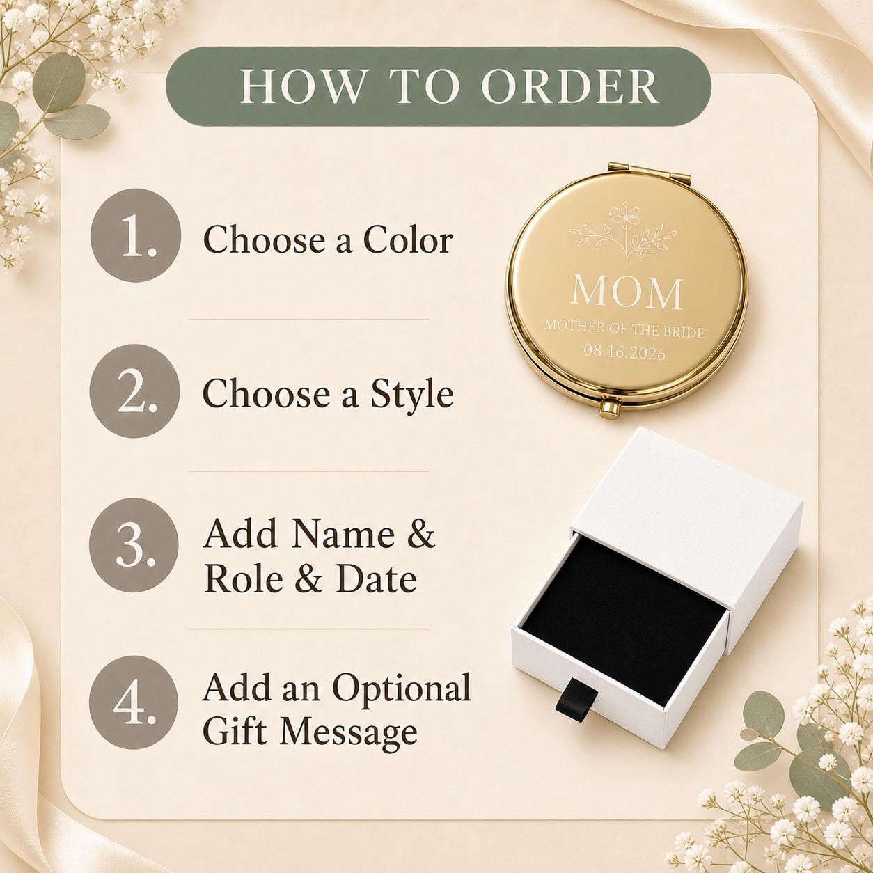 How to order a personalized Mother of the Bride or Groom compact mirror with color style wording and gift message