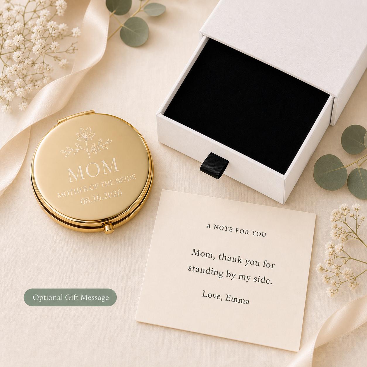 Mother of the Bride or Groom personalized compact mirror with occasion-specific printed gift message and flat black box insert
