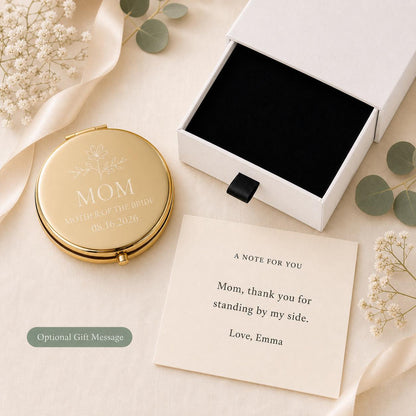 Mother of the Bride or Groom personalized compact mirror with occasion-specific printed gift message and flat black box insert