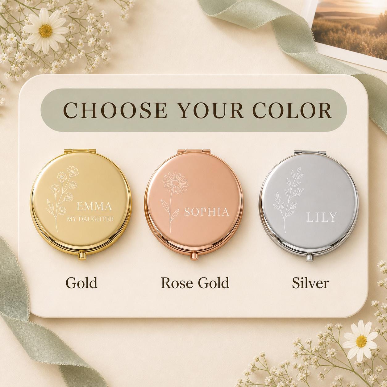 Choose gold rose gold or silver for a personalized Daughter Granddaughter or Niece pocket mirror