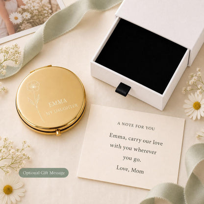Daughter Granddaughter or Niece personalized compact mirror with occasion-specific printed gift message and flat black box insert