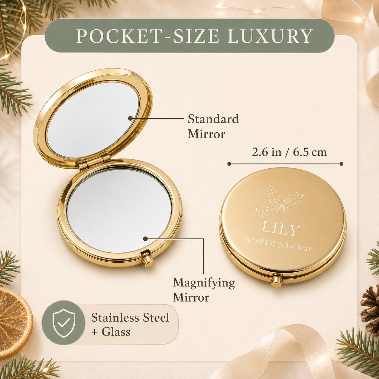 Christmas Daughter Niece or Tween 2.6 inch dual compact mirror with standard and magnifying mirrors