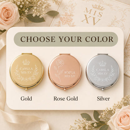 Choose gold rose gold or silver for a personalized Quinceanera Sweet 15 Favors pocket mirror