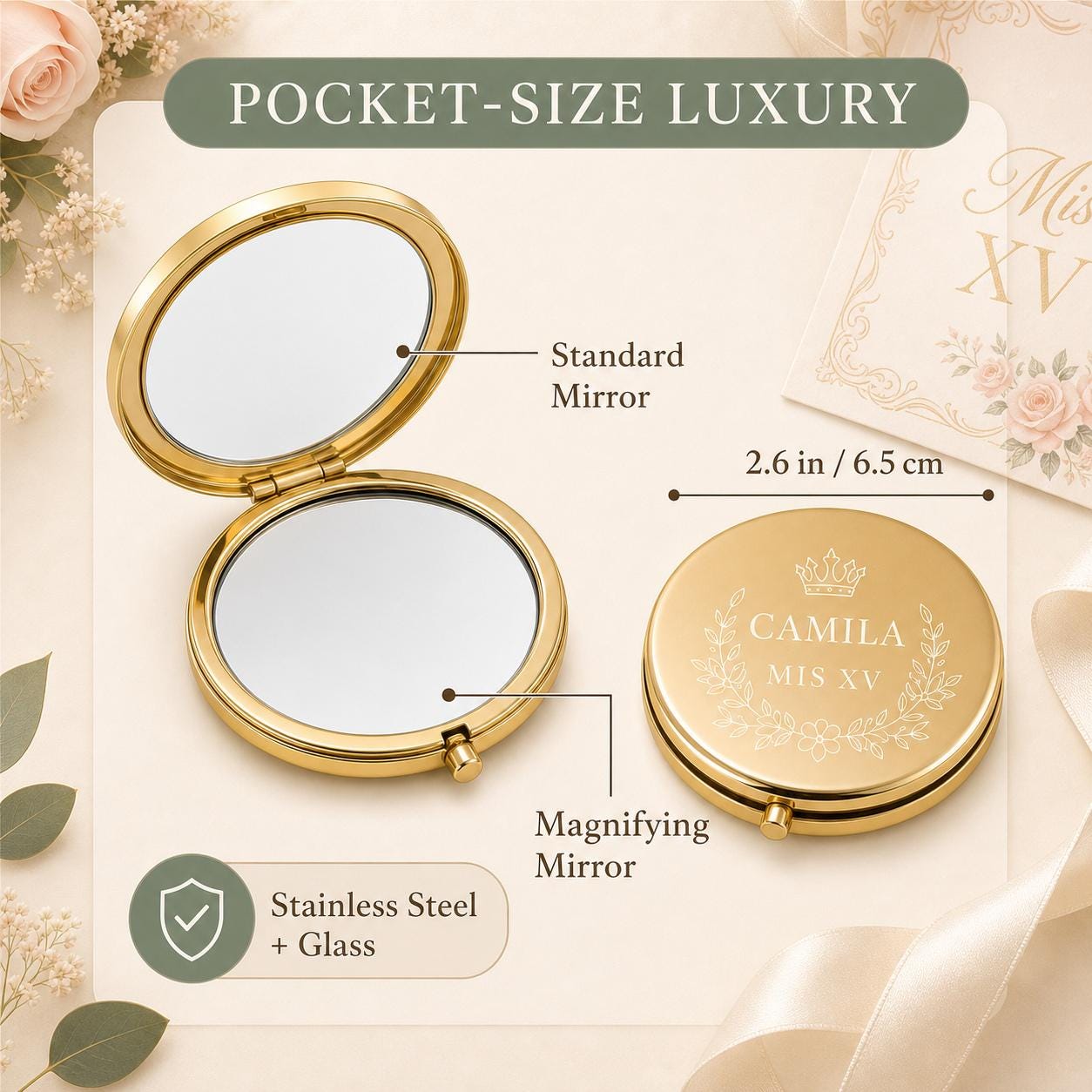 Quinceanera Sweet 15 Favors 2.6 inch dual compact mirror with standard and magnifying mirrors