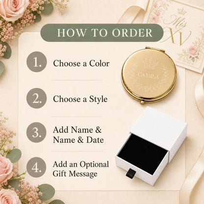 How to order a personalized Quinceanera Sweet 15 Favors compact mirror with color style wording and gift message