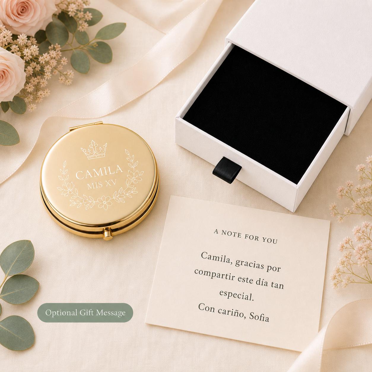 Quinceanera Sweet 15 Favors personalized compact mirror with occasion-specific printed gift message and flat black box insert