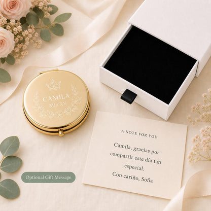 Quinceanera Sweet 15 Favors personalized compact mirror with occasion-specific printed gift message and flat black box insert