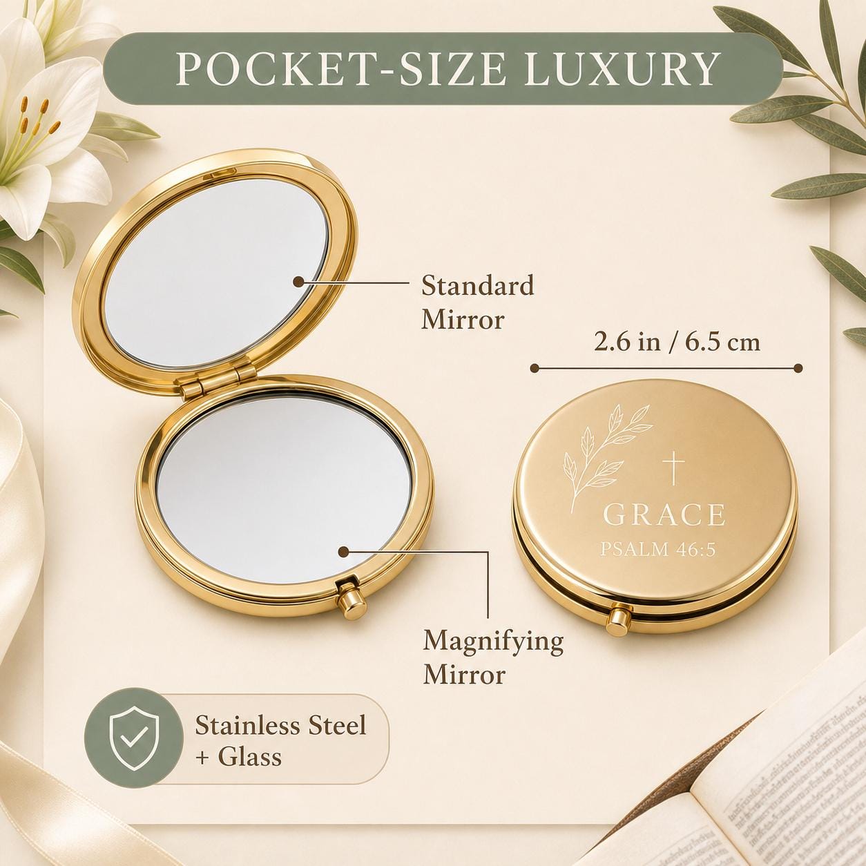 Christian Scripture or First Communion 2.6 inch dual compact mirror with standard and magnifying mirrors