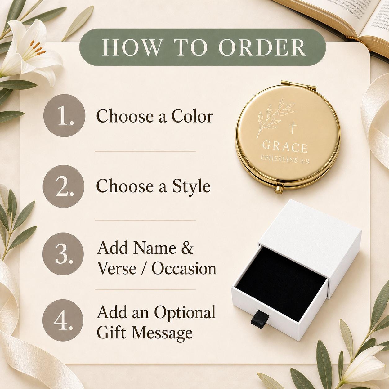 How to order a personalized Christian Scripture or First Communion compact mirror with color style wording and gift message