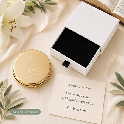 Christian Scripture or First Communion personalized compact mirror with occasion-specific printed gift message and flat black box insert