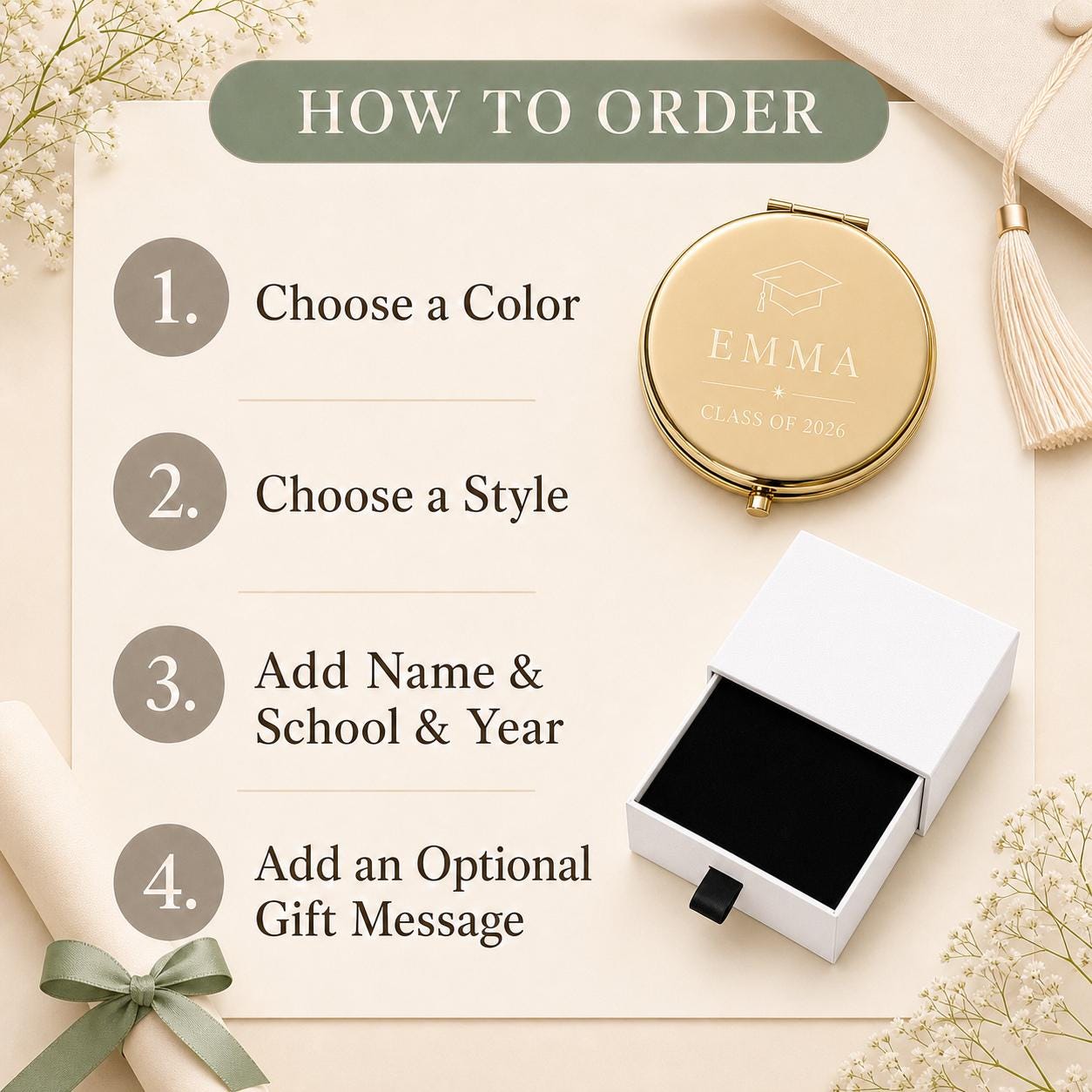 How to order a personalized Graduation Class of 2026 compact mirror with color style wording and gift message