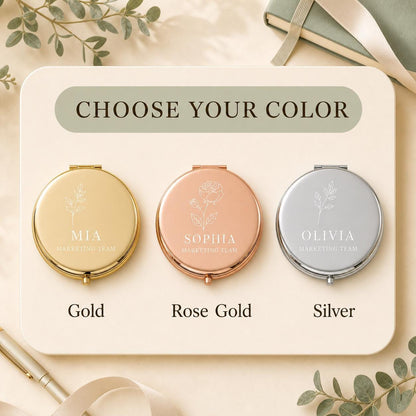 Choose gold rose gold or silver for a personalized Team or Staff Appreciation pocket mirror