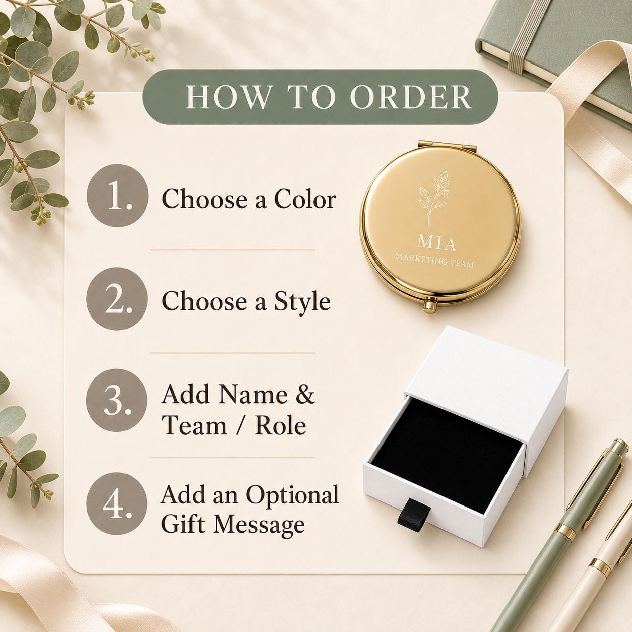 How to order a personalized Team or Staff Appreciation compact mirror with color style wording and gift message