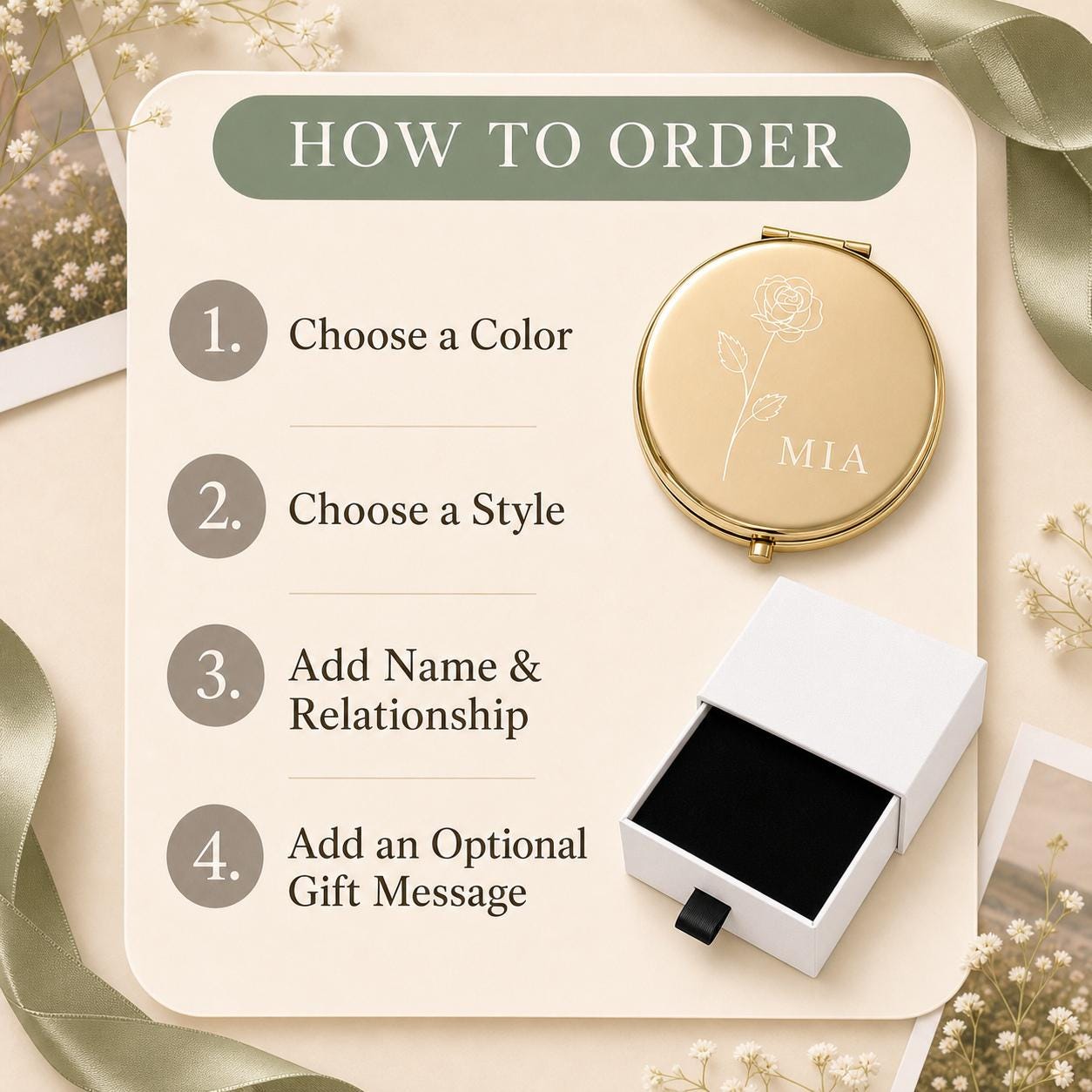 How to order a personalized Best Friend Sister or Chosen Family compact mirror with color style wording and gift message