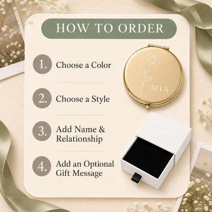 How to order a personalized Best Friend Sister or Chosen Family compact mirror with color style wording and gift message