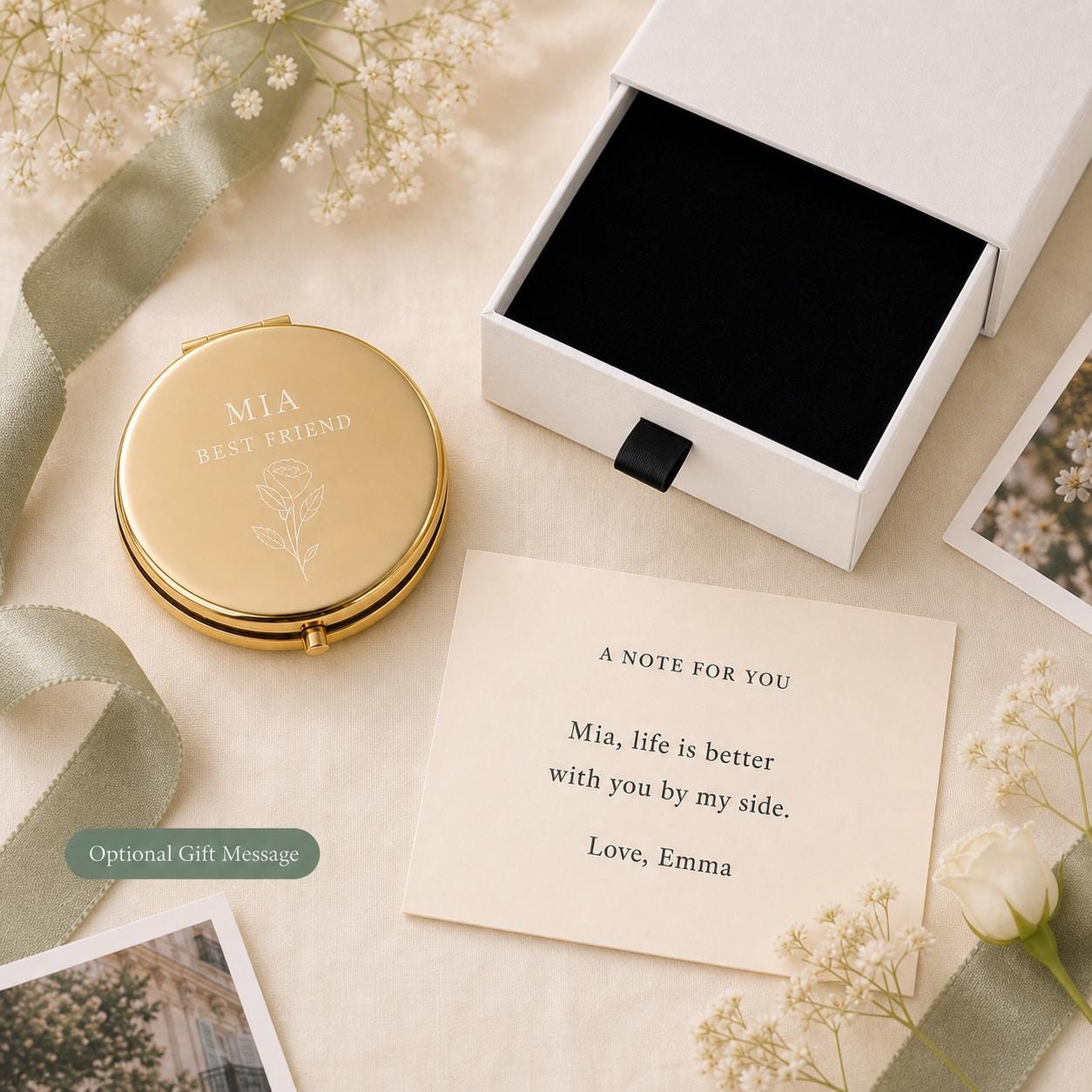 Best Friend Sister or Chosen Family personalized compact mirror with occasion-specific printed gift message and flat black box insert